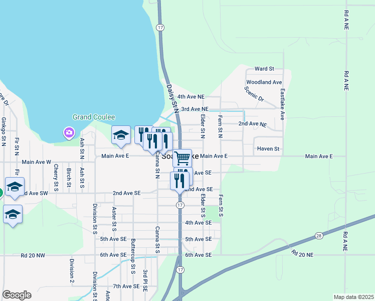 map of restaurants, bars, coffee shops, grocery stores, and more near in Soap Lake