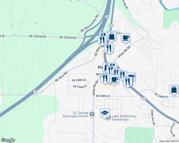 map of restaurants, bars, coffee shops, grocery stores, and more near 21912 Southeast 237th Street in Maple Valley