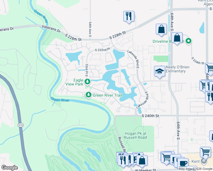 map of restaurants, bars, coffee shops, grocery stores, and more near 23625 55th Place South in Kent
