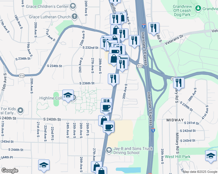map of restaurants, bars, coffee shops, grocery stores, and more near 23627 Pacific Highway South in Des Moines