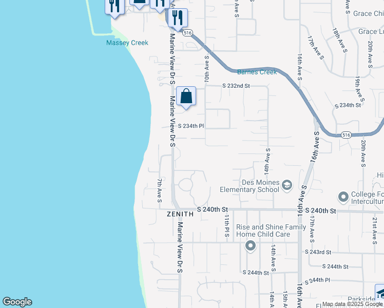 map of restaurants, bars, coffee shops, grocery stores, and more near 23600 Marine View Drive South in Des Moines