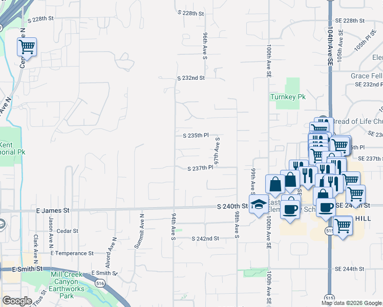 map of restaurants, bars, coffee shops, grocery stores, and more near 23704 94th Avenue South in Kent