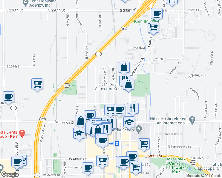 map of restaurants, bars, coffee shops, grocery stores, and more near 839 1st Avenue North in Kent