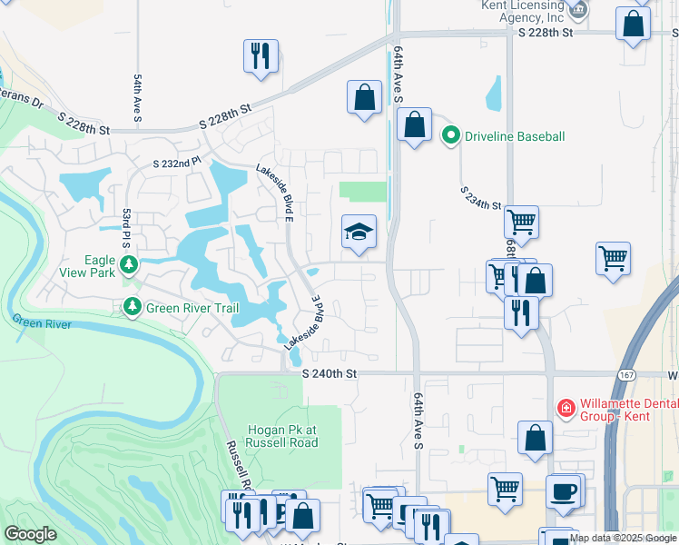 map of restaurants, bars, coffee shops, grocery stores, and more near 23605 62nd Avenue South in Kent