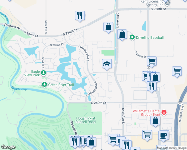 map of restaurants, bars, coffee shops, grocery stores, and more near Lakeside Boulevard East in Kent