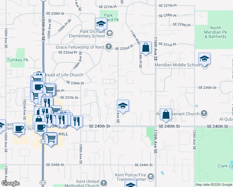 map of restaurants, bars, coffee shops, grocery stores, and more near 23613 112th Avenue Southeast in Kent