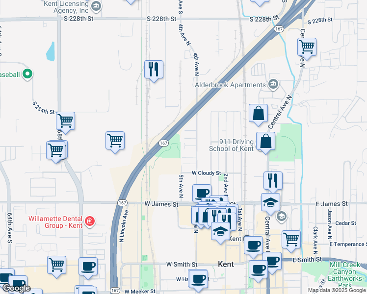map of restaurants, bars, coffee shops, grocery stores, and more near 835 4th Avenue North in Kent