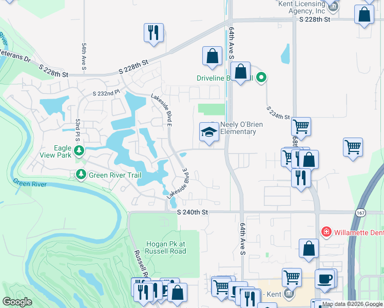 map of restaurants, bars, coffee shops, grocery stores, and more near 6117 South 237th Street in Kent