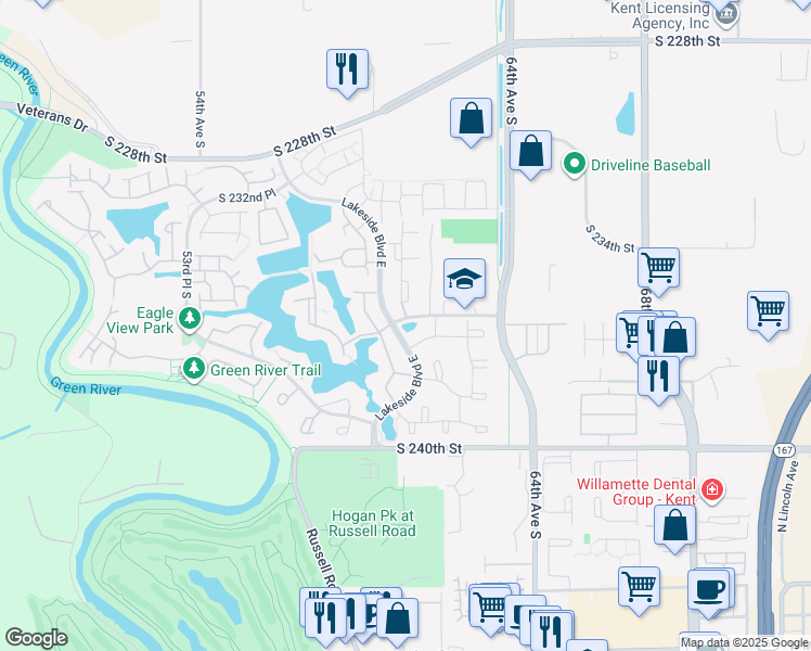 map of restaurants, bars, coffee shops, grocery stores, and more near Lakeside Boulevard East in Kent