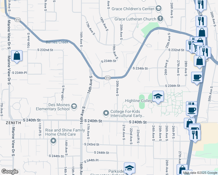 map of restaurants, bars, coffee shops, grocery stores, and more near 23641 20th Avenue South in Des Moines