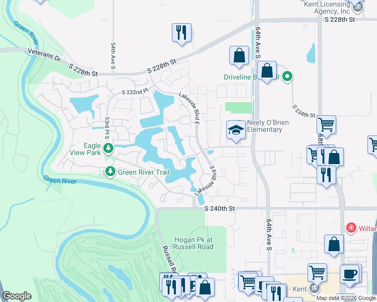 map of restaurants, bars, coffee shops, grocery stores, and more near 23616 58th Avenue South in Kent