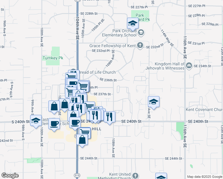 map of restaurants, bars, coffee shops, grocery stores, and more near 10711 Southeast 236th Place in Kent