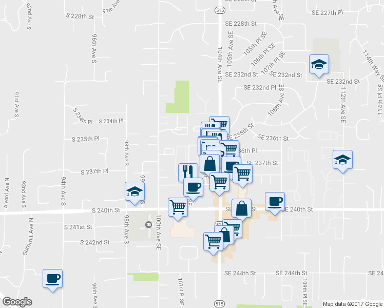 map of restaurants, bars, coffee shops, grocery stores, and more near 23620 102nd Avenue Southeast in Kent