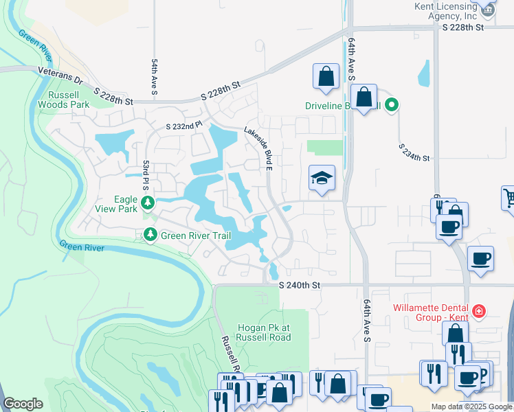 map of restaurants, bars, coffee shops, grocery stores, and more near 23529 60th Avenue South in Kent