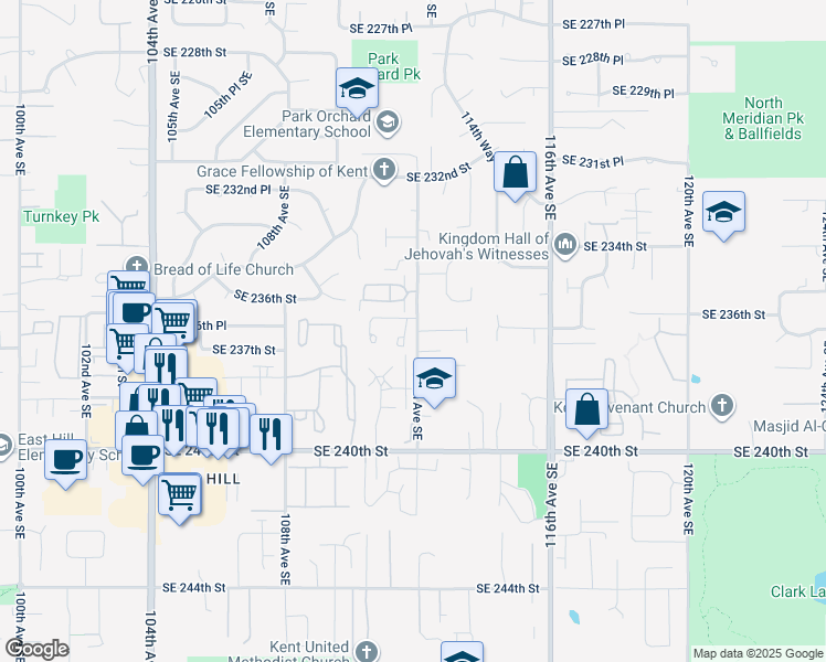 map of restaurants, bars, coffee shops, grocery stores, and more near 23704 112th Avenue Southeast in Kent