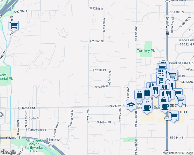 map of restaurants, bars, coffee shops, grocery stores, and more near 23704 94th Avenue South in Kent