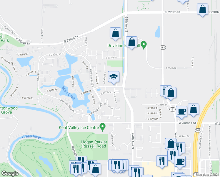 map of restaurants, bars, coffee shops, grocery stores, and more near 6117 South 237th Street in Kent