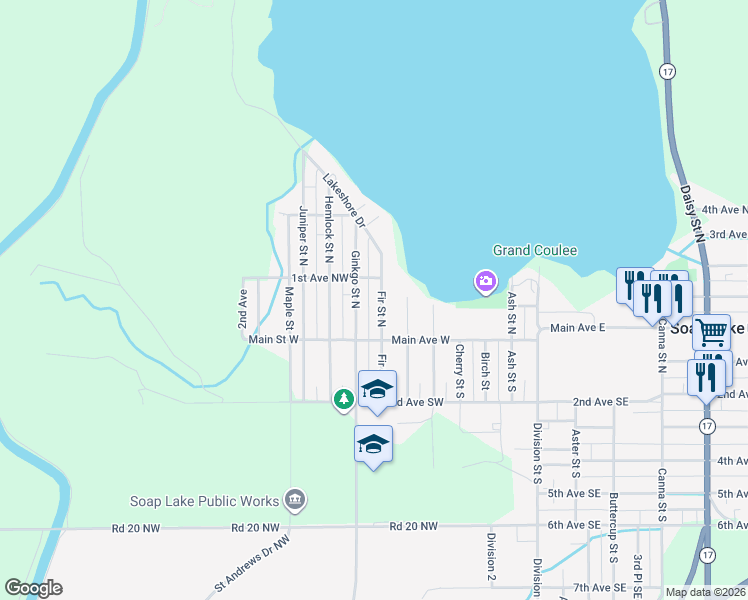 map of restaurants, bars, coffee shops, grocery stores, and more near 19 Fir Street North in Soap Lake