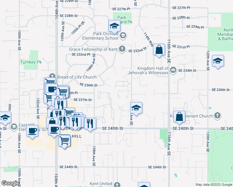 map of restaurants, bars, coffee shops, grocery stores, and more near 23721 111th Place Southeast in Kent