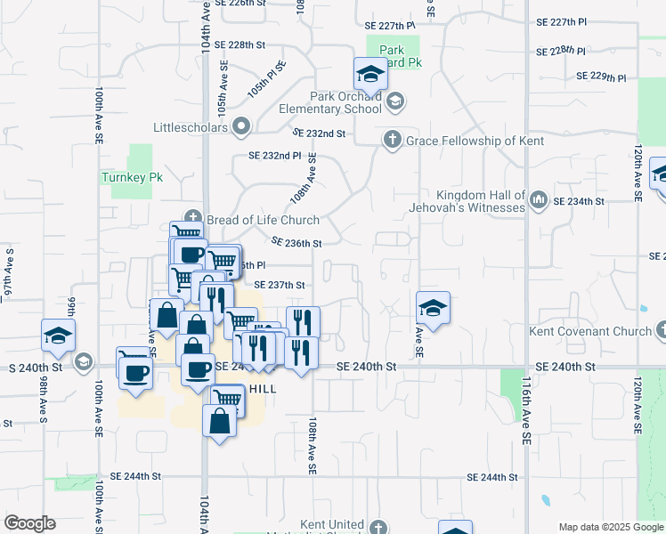 map of restaurants, bars, coffee shops, grocery stores, and more near 23620 108th Place Southeast in Kent