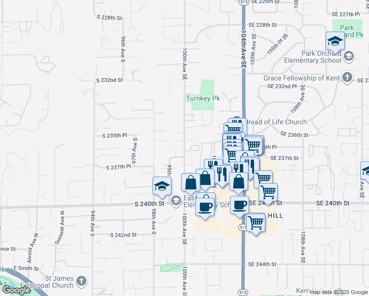 map of restaurants, bars, coffee shops, grocery stores, and more near 9919 South 237th Street in Kent