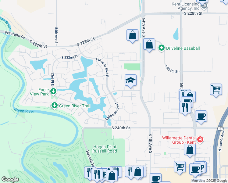 map of restaurants, bars, coffee shops, grocery stores, and more near Lakeside Boulevard East in Kent