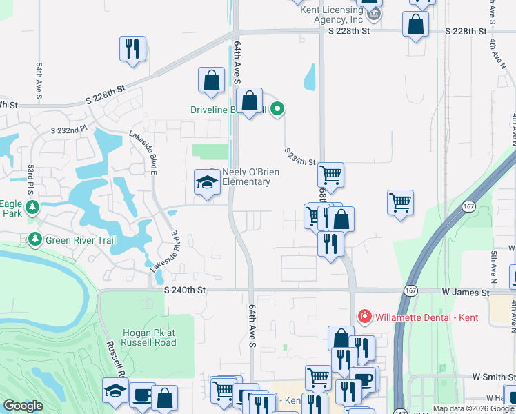 map of restaurants, bars, coffee shops, grocery stores, and more near 23705 65th Avenue South in Kent