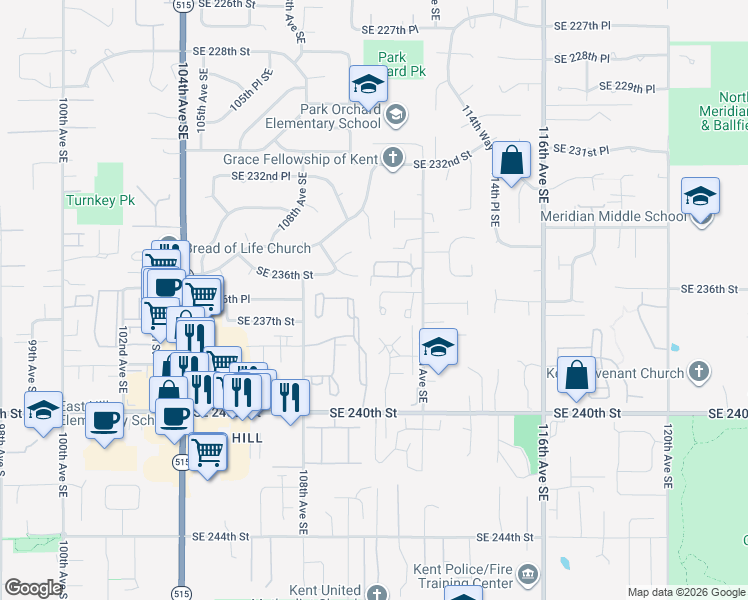 map of restaurants, bars, coffee shops, grocery stores, and more near 23609 112th Avenue Southeast in Kent