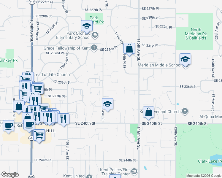 map of restaurants, bars, coffee shops, grocery stores, and more near 23518 112th Avenue Southeast in Kent