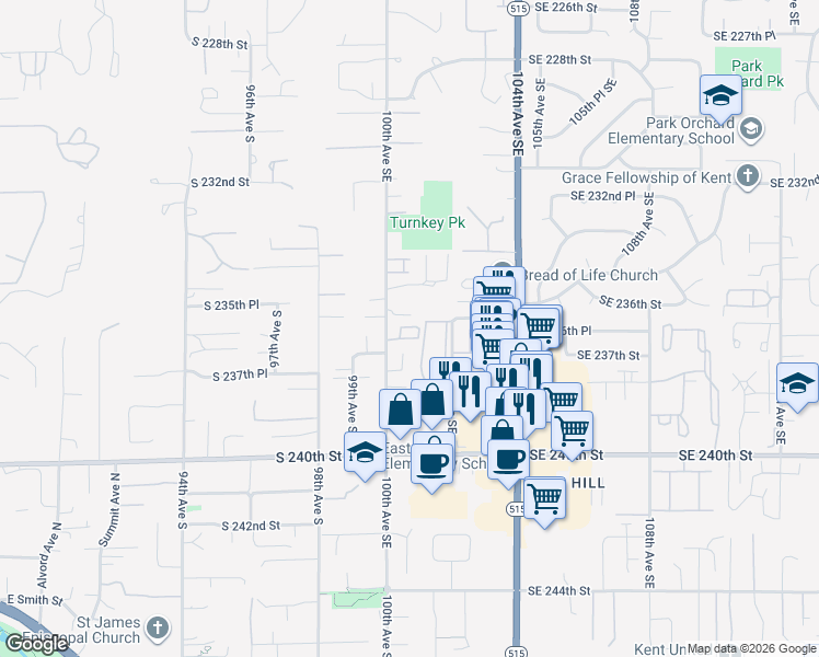 map of restaurants, bars, coffee shops, grocery stores, and more near 23524 100th Avenue Southeast in Kent