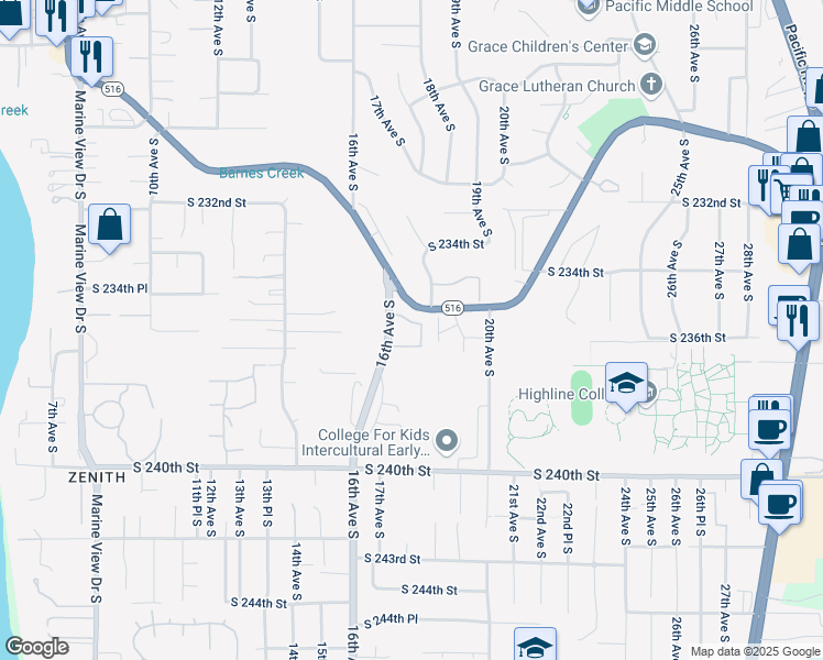 map of restaurants, bars, coffee shops, grocery stores, and more near 23502 16th Place South in Des Moines