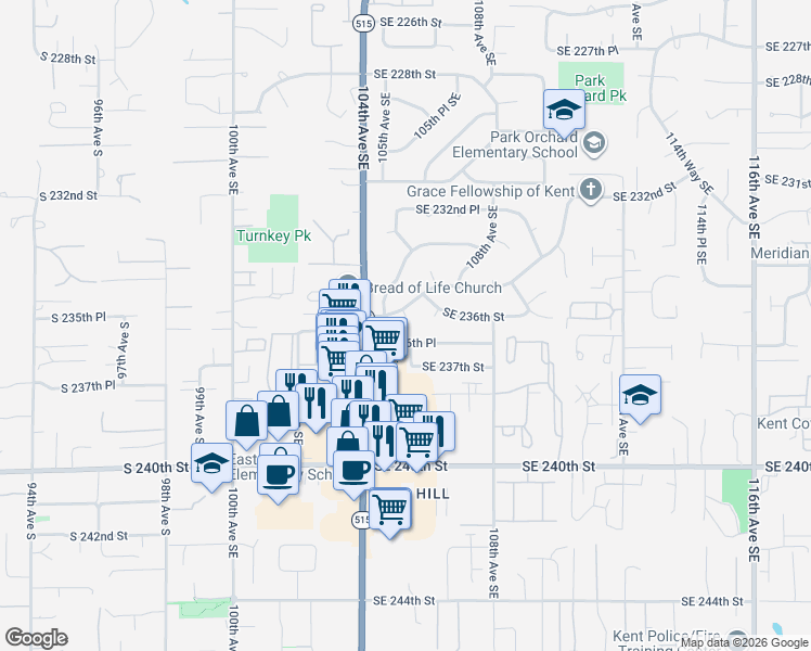 map of restaurants, bars, coffee shops, grocery stores, and more near 23504 105th Place Southeast in Kent