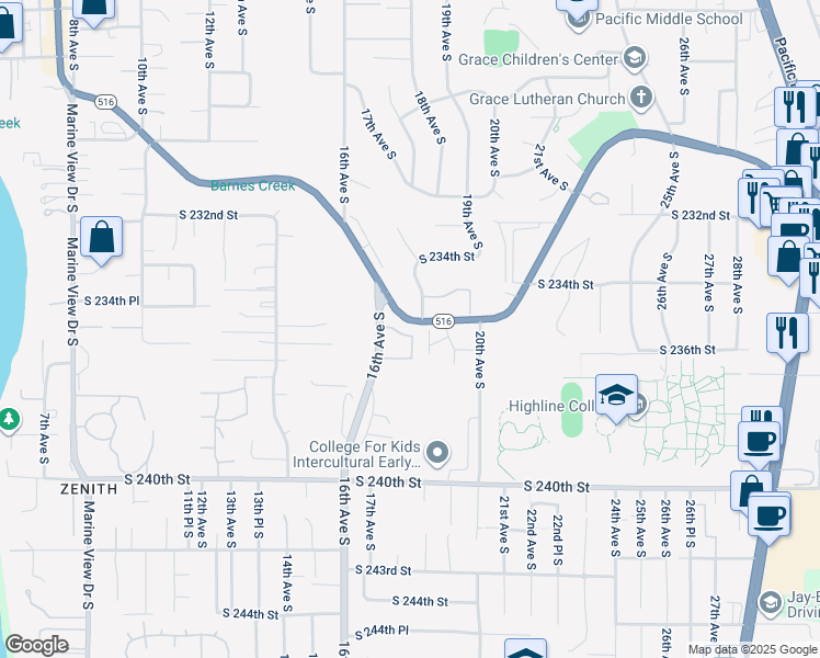 map of restaurants, bars, coffee shops, grocery stores, and more near 23502 16th Avenue South in Des Moines