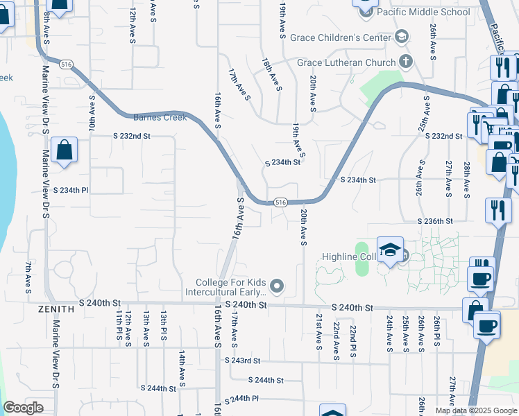 map of restaurants, bars, coffee shops, grocery stores, and more near 23502 16th Place South in Des Moines