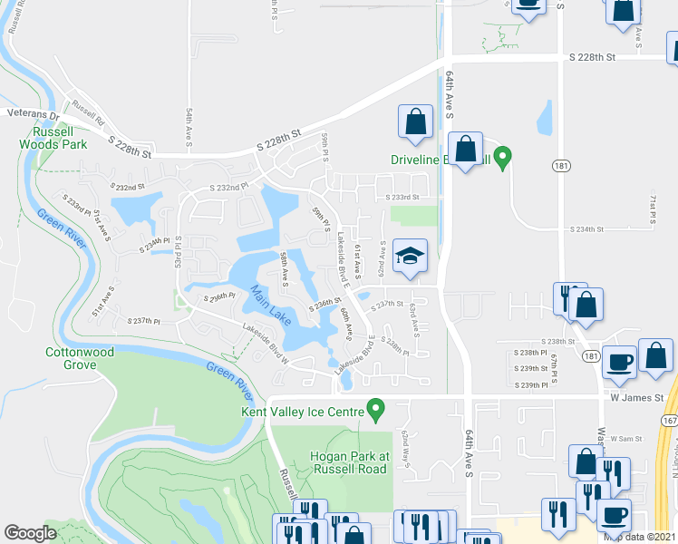 map of restaurants, bars, coffee shops, grocery stores, and more near Lakeside Boulevard East in Kent