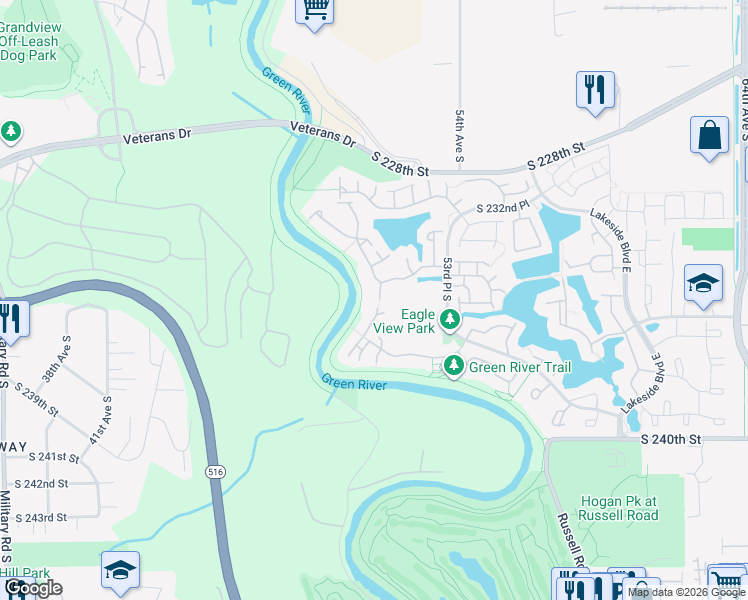 map of restaurants, bars, coffee shops, grocery stores, and more near 23431 51st Avenue South in Kent