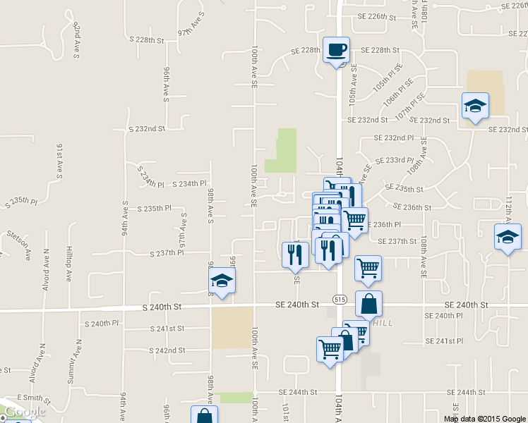 map of restaurants, bars, coffee shops, grocery stores, and more near 23524 100th Avenue Southeast in Kent