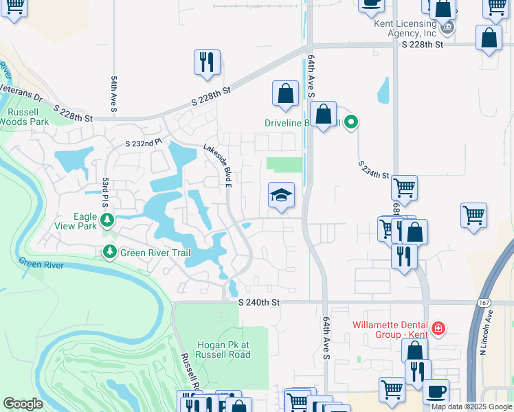 map of restaurants, bars, coffee shops, grocery stores, and more near 23502 62nd Avenue South in Kent