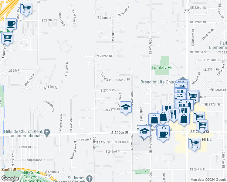 map of restaurants, bars, coffee shops, grocery stores, and more near 9531 South 235th Place in Kent