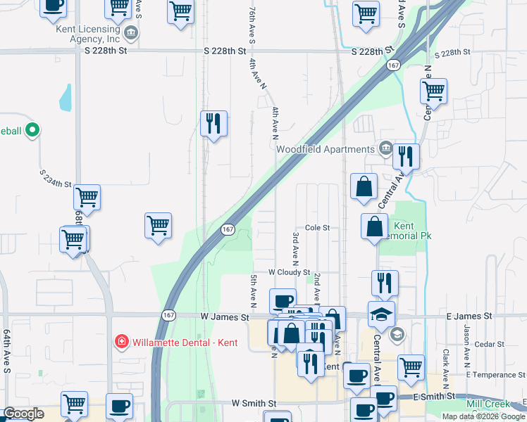 map of restaurants, bars, coffee shops, grocery stores, and more near 929 4th Avenue North in Kent