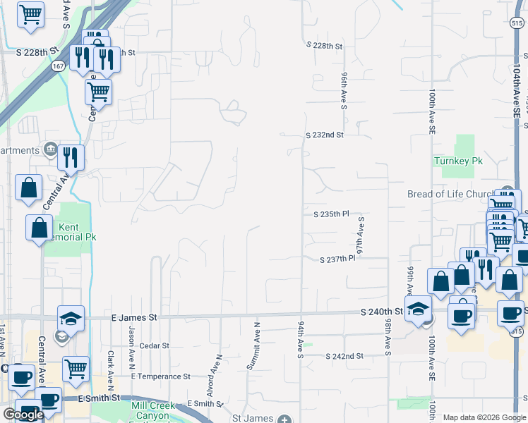 map of restaurants, bars, coffee shops, grocery stores, and more near 23506 92nd Avenue South in Kent