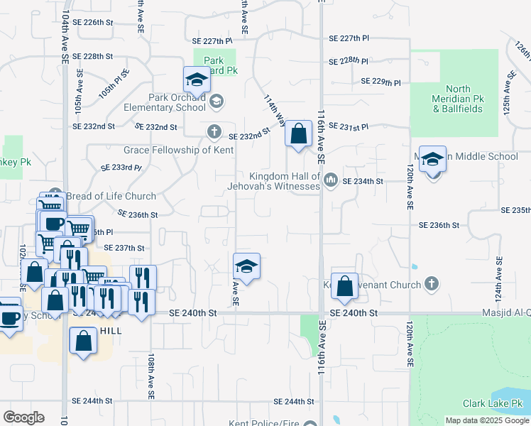map of restaurants, bars, coffee shops, grocery stores, and more near 11216 Southeast 235th Place in Kent