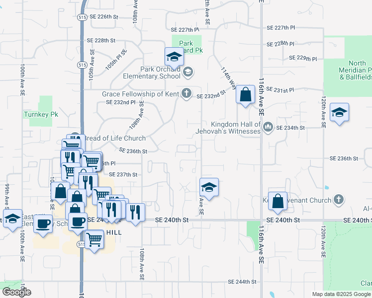 map of restaurants, bars, coffee shops, grocery stores, and more near 23501 112th Avenue Southeast in Kent