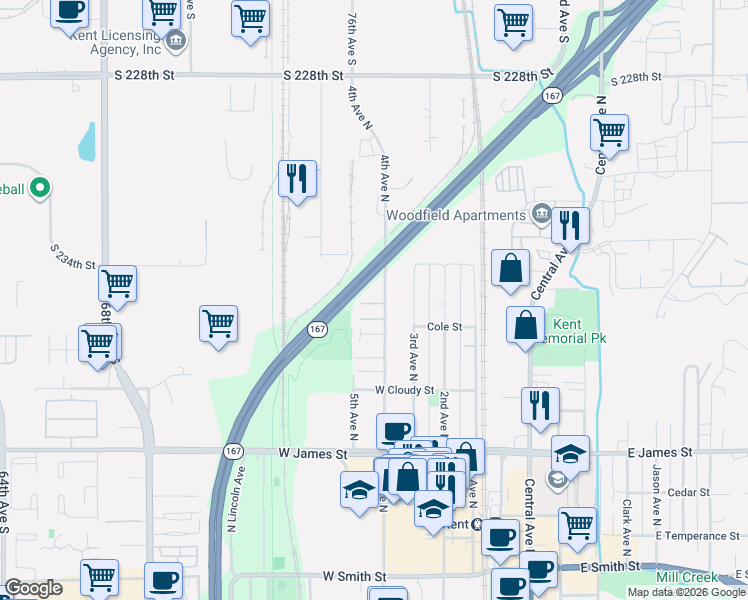 map of restaurants, bars, coffee shops, grocery stores, and more near 929 4th Avenue North in Kent