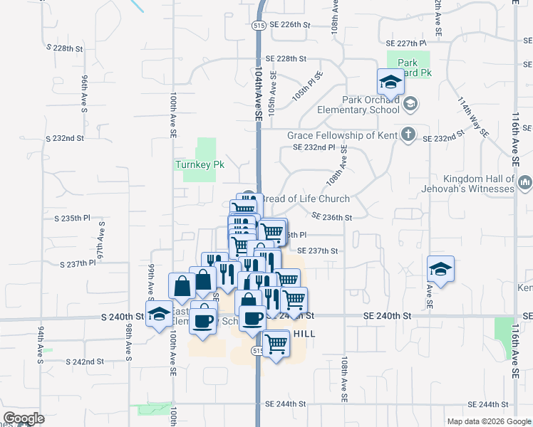 map of restaurants, bars, coffee shops, grocery stores, and more near 10404 SE 235th St in Kent