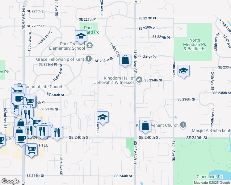 map of restaurants, bars, coffee shops, grocery stores, and more near 11216 Southeast 235th Place in Kent