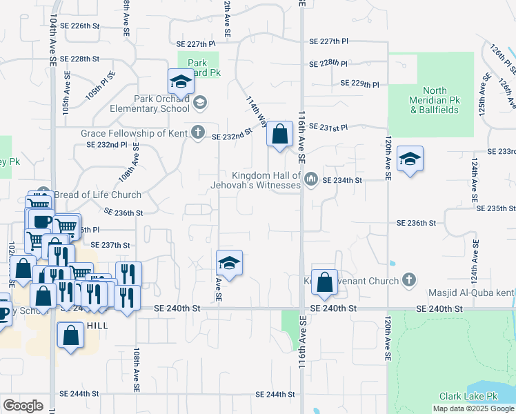 map of restaurants, bars, coffee shops, grocery stores, and more near 11216 Southeast 235th Place in Kent