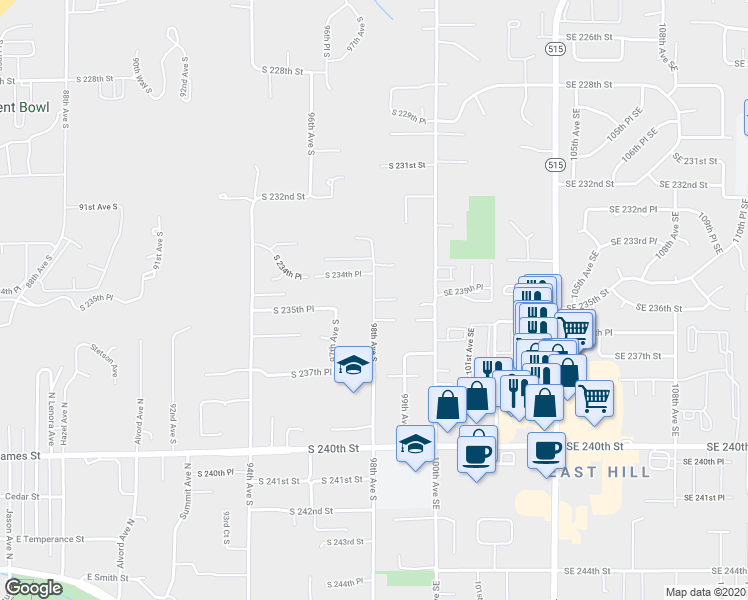 map of restaurants, bars, coffee shops, grocery stores, and more near 23624 98th Avenue South in Kent