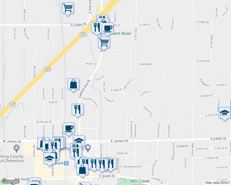 map of restaurants, bars, coffee shops, grocery stores, and more near 236th Pl in Kent
