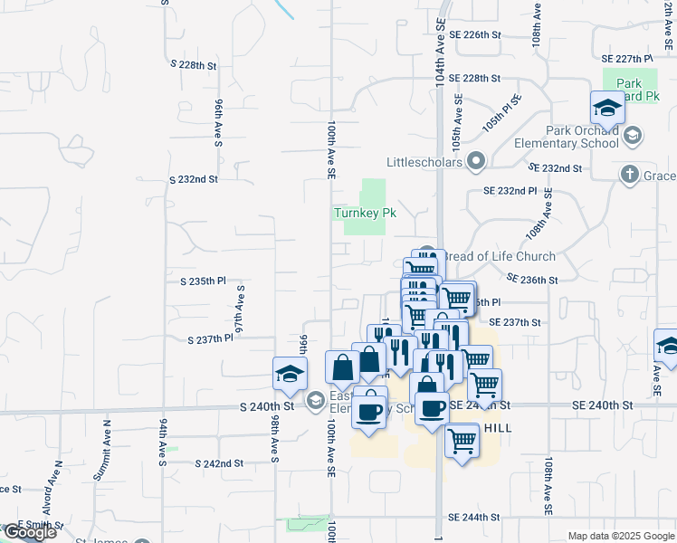 map of restaurants, bars, coffee shops, grocery stores, and more near 10021 Southeast 235th Place in Kent